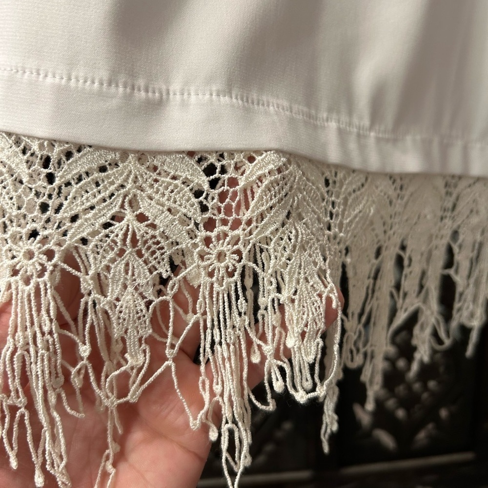 NEIMAN MARCUS Women’s Medium White Tunic Crochet Fringe Lagenlook Zen Boho - Picture 2 of 8
